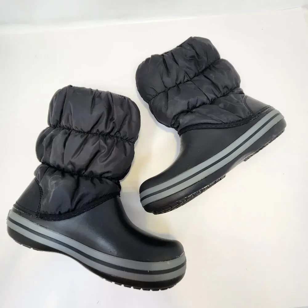 Crocs Black Gray Winter Puff Boots Women Size 8 Mid Calf Insulated Pull On